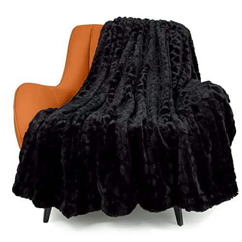 TOONOW Plaid Luxueux en Fausse Fourrure, Double Face, Doux et Moelleux à Poils Longs pour canapé, lit (Noir, Plaid)