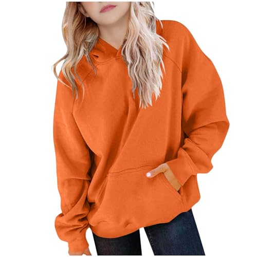 Orange Teen Girls Boys Hoodies Cute Solid Color Hooded Oversized Sweatshirts Pullover Baggy Long Sleeve Hooded Basic Hoodie Versatile Shirts Children Clothing 12-13 Years