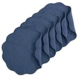 HOMBYS Quilted Placemats Set of 6 Washable Round Placemats for Kitchen Table-100% Cotton Fabric 14 Inch Round Table Mats, Cotton Fabric with Microfiber Filling, (14"x14", Sapphire Blue)