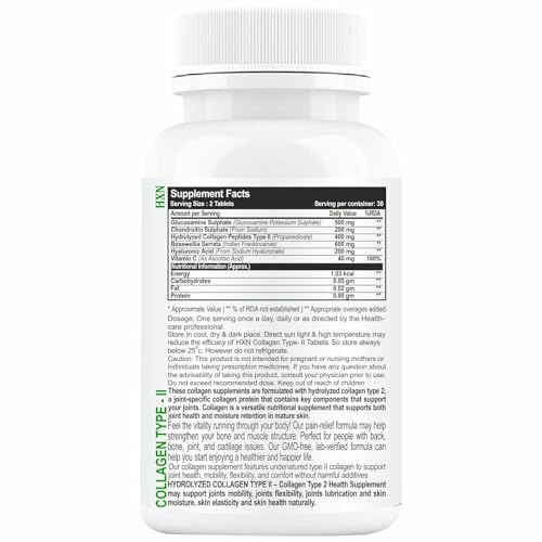 Image of HXN Joint Support Supplement Collagen Type 2 Glucosamine,Chondroitin,MSM,Boswellia,Hyaluronic Acid Supplements,Vitamin D3,Hydrolyzed Collagen Peptides For Healthy Bone,And Joints- 60 Tablets,250 grams