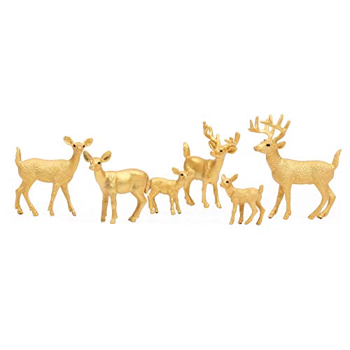 UANDME 6pcs Golden Deer Figurines, Forest Animal Figures, Woodland Creatures Figurines, White-Tailed Deer Family Cake Topper