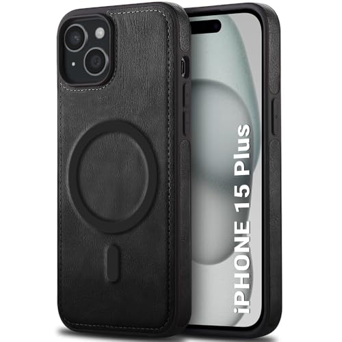 Image of TheGiftKart Genuine Leather Finish Back Cover Case for iPhone 15 Plus | Shockproof Design | Raised Edges for Camera & Screen Protection | Stunning Minimalist Design Case (MagSafe Compatible, Black)