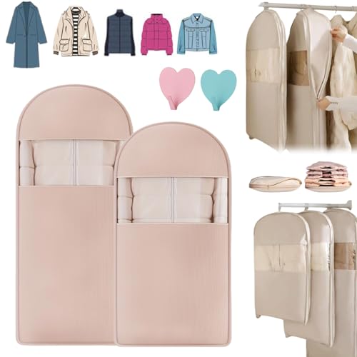 Intelligenck Garment Bags, 2025 Space Saving Hanging Garment Bag with Self Compression Zipper, Clothes Protectors for Hanging Clothes, Make the most of your closet space (Pink,M+XL)