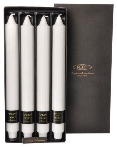 Root Unscented Grecian Collenettes Dinner Candles, 12-Inch Tall, Box of 4, White