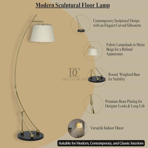 Image of Deco Crush Modern Sculptural LED Floor Lamp Standing Brass Plating Antique Finish Gold 5.5ft Height with Matte Beige Lampshade.