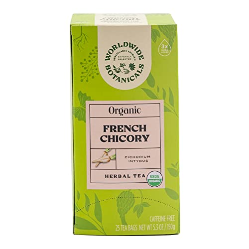 Worldwide Botanicals Organic French Chicory Root Tea, 25 Tea Bags - 3x herbs with 6g per teabag - Prebiotic, Roasted - Acid Free, Caffeine Free, Kosher