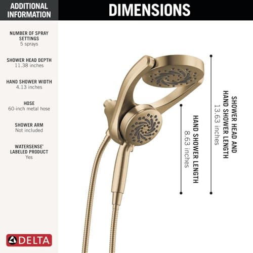 Image of Delta 5-Setting HydroRain 2-in-1 Dual Shower Head with ProClean Spray, Brushed Gold High Pressure Shower Head with Handheld Spray, 1.75 GPM Flow Rate, Champagne Bronze 75419CZ