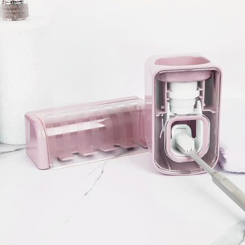 5 Slots Wall Mount Toothbrush Holder with Cover, Self Adhesive Toothbrush Storage Organizer for Shower, Toothbrush Hanger with Automatic Toothpaste Squeezer Dispenser (Pink)