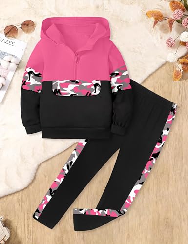 Toddler Girl Clothes Camo 2 Piece Little Girls Clothes Half Zip Up Hoodies Color Block Outfits Sweatshirt Pant Sets