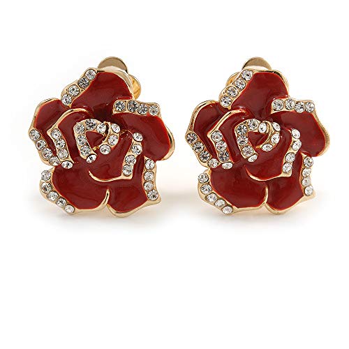 Boucles d'oreilles à clip émail rouge cristal transparent ton or 20mm