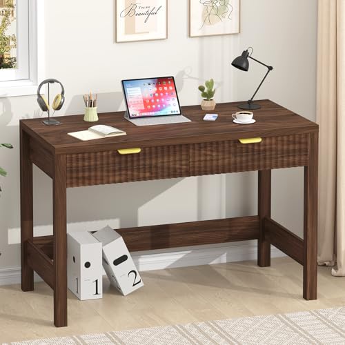 YOMILUVE Fluted Computer Desk with 2 Drawers, 39 Inch Small Computer Desk with Storage, Compact Writing Study Desk for Small Spaces, Walnut