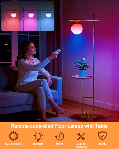 Image of Lightdot RGBCW Floor Lamp for Living Room with Remote, Modern Standing Tall Lamp with Storage Table, Cross-Shaped Lamp Head and U-Pole Base Style for Bedroom, Office, Home Decor, Foot Switch