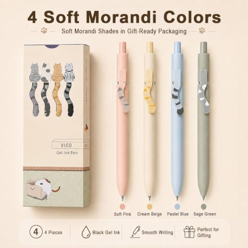 VICO Cat Pens, 4 Pcs Cute Kawaii Gel Pens, 0.5mm Black Ink Fine Point Retractable Pens, Quick Dry Smooth Writing, Back to School Supplies & Cat Lover Gifts