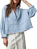 PLNOTME Womens Denim Tops Pullover Trendy Casual V Neck Loose Fit Puff Sleeve Jean Cotton Shirts