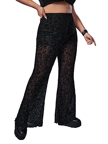 OYOANGLE Women's Plus Size Dance Clubwear Bell Bottom Mesh Sheer Pants Florla Print Flared Leg Pants