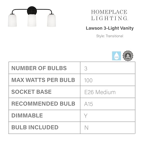 Image of HomePlace Lighting 148831MB-542 Lawson Transitional Soft White Glass Bell Vanity Light for Bathroom, 3-Light 300 Total Watts, 10 inch H x 24 inch W, Black