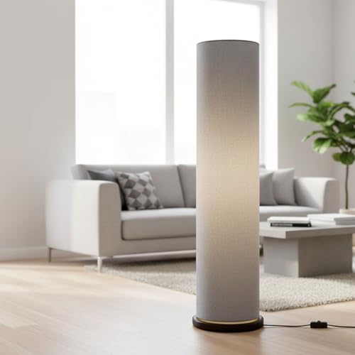 Image of Cylinder Shape Wooden Base Corner Decorative Floor Lamp with Fabric Shade for Bedroom, Living Room, Home Decor, Pack of 1 (Gray)