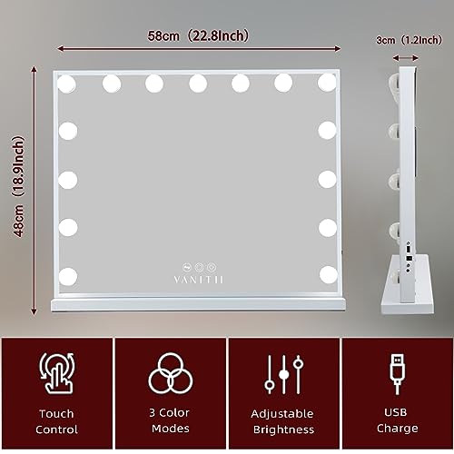VANITII Hollywood Vanity Mirror with Lights USB Charging 22.8”*18.1” Lighted Makeup Mirror with 15 LED Bulbs Dimmable 3 Modes Tabletop for Cosmetic by VANITII GLOBAL - Image 8
