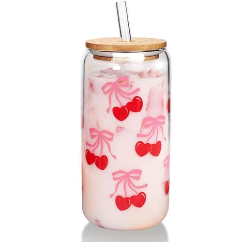 JZSMY Cherry Bow Glass Cup with Lids and Straws, Valentine Gift Iced Coffee Cup Beer Can Shaped 500ml Cute Tumbler Mug Drinking Glasses for Long Drinks, Water, Cocktail, Whiskey