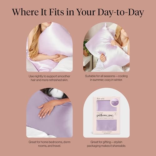 Image of Kitsch Satin Pillowcase with Zipper - Standard Size, Lavender | Softer Than Silk Pillow Cases, Smooth Cooling Satin Pillow Case for Hair and Skin, Wrinkle-Free, Machine Washable