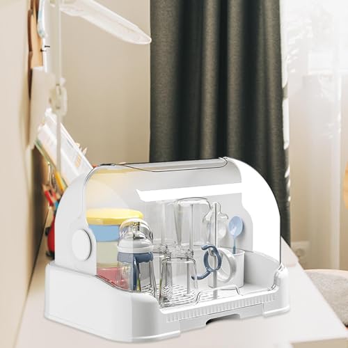 Image of Rrlihjgu Baby Bottle Drying Rack with Lid, Dustproof Baby Bottle Storage Box with Removable Drain Tray, Reusable Bottle Rack Holder for Baby Space Saving Baby Bottle Rack Dryer 31.5x25.5x25cm