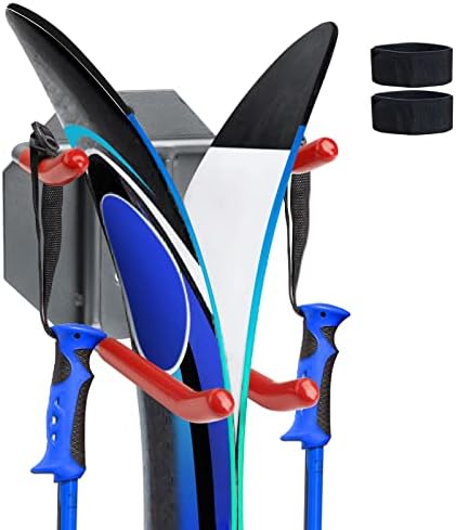 XBA Wall Mounted Rack Organizer for Skis and Poles Ski Wall Rack Ski Storage Rack Garage Storage with Padded Hooks & Elastic Cinch Straps Indoors Outdoors Wall Hook