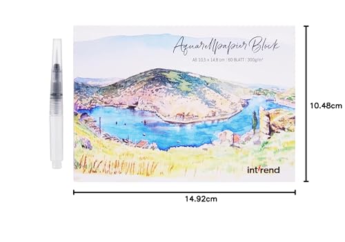 int!rend Aquarellpapier Postkartenformat A6 300g/m² - 60 Seiten Aquarell Papier Block mit Wassertankpinsel & Bleistift - Aquarell Postkarten Blanko - Aquarellblock Postkartenformat