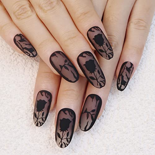 IMSOHOT Oval Press on Nails Full Cover Fake Nails with Designs Long Round Rose False Nails Black Artificial Acrylic Nails for Women and Girls