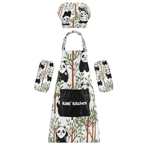 Bulletgxll Panda and Trees Kids Apron and Chef Hat Set Adjustable Bib Aprons with Pockets for Cooking Baking Painting