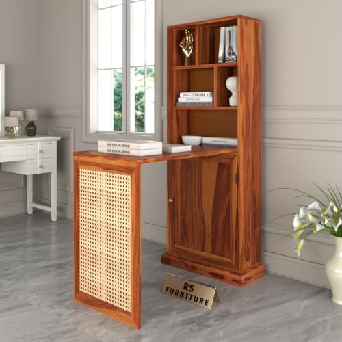 Image of Sheesham Wood Foldable Study Table with Bookshelf & Storage Cabinet | Cane Panel Writing Desk (Honey Finish)