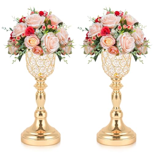 Kehail 2pcs Elegant Crystal Trumpet Metal Centerpiece Vases, Wedding Table
