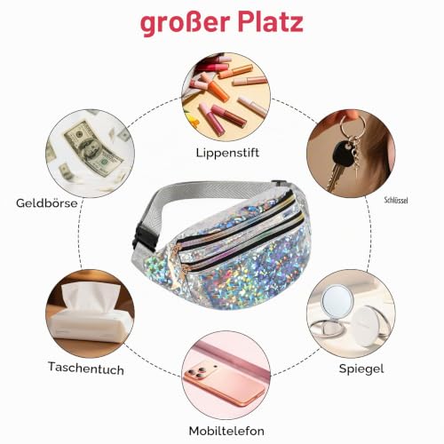 FASBET Bauchtasche Silber Metallic mit Schmetterling Deko, Bauchtasche Mädchen Damen 80er Jahre Karneval Festival Glitzer Bunt Tasche – Ansicht 4