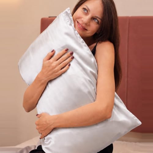 Image of FURBO 100% Pure Mulberry Silk Pillowcase | 22 Momme 6A Grade Silk Pillow Cover for Hair & Skin | Cooling, Breathable, Smooth & Soft | Hidden Zipper Closure | Anti-Frizz (1 Pack, Silver)