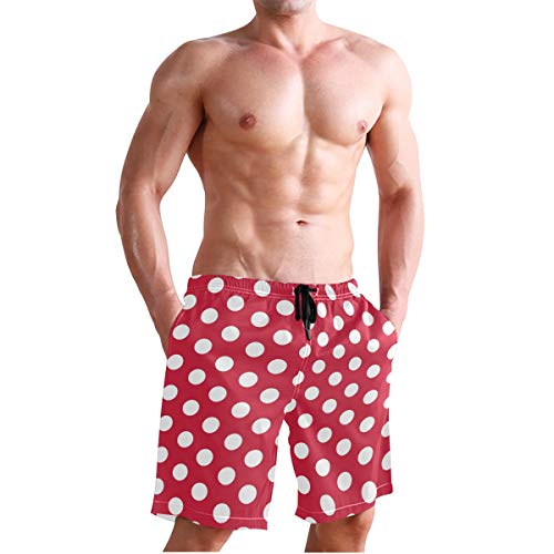 Men's Swim Trunks Modern Red White Polka Dot Quick Dry Board Shorts with Drawstring and Pockets3