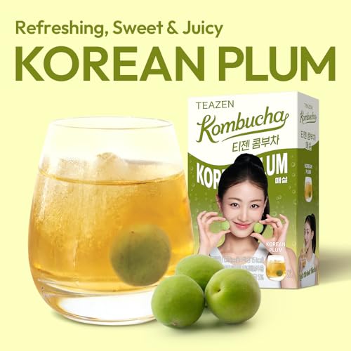 Image of TEAZEN Kombucha Powder, Korean Plum Flavor, Zero Sugar, Sparkling Fermented Powdered Mix Beverage from Korea, Live Probiotics & Prebiotics, On-the-Go 10 Packets, 1.76oz