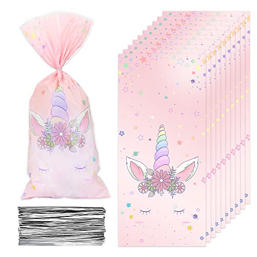 Einhorn-Zellophantüten, 100 Stück rosa Zellophan-Süßigkeitstüten, Plastiktüten für Weihnachtssüßigkeiten mit Drehbändern für Kekse, Nüsse, Geschenkverpackungen, Hochzeiten, Kindergeburtstagsfeiern Cover