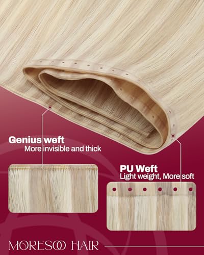 Image of Moresoo Butterfly Weft Hair Extensions Human Hair, Invisible Genius Weft, Ash Blonde with Blonde 20 Inch 50g, Add Volume, OVO PU Hole, Straight Soft Remy Hair, Simple Installation
