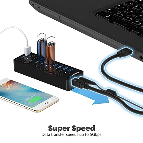 Image of SABRENT 10-Port USB 3.0 Hub, Individual Power Switches and LEDs, 3 Smart Charging Ports, 60W Power Adapter, for PC, Mac, Xbox, PS5, Laptop, Desktop, USB Devices (HB-B7C3)
