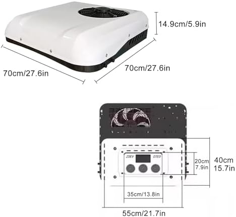 12V DC Rooftop RV Air Conditioner, 2-in-1 Camper AC & Parking Cooler for Trucks, Vans, Forklifts, Construction Vehicles - Universal Fit, Compact & Efficient Cooling Solution.