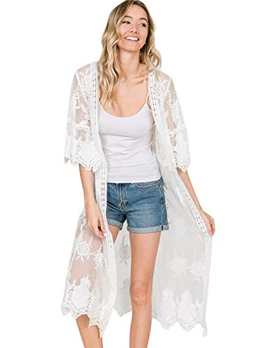 Anna-Kaci Womens Cover Up Long Embroidered Lace Kimono Cardigan with Half Sleeves