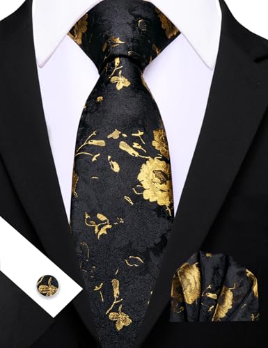 Image of Barry.Wang Flower Ties for Men Silk Woven Floral Tie Sets Necktie Handkerchief Cufflinks Wedding Party