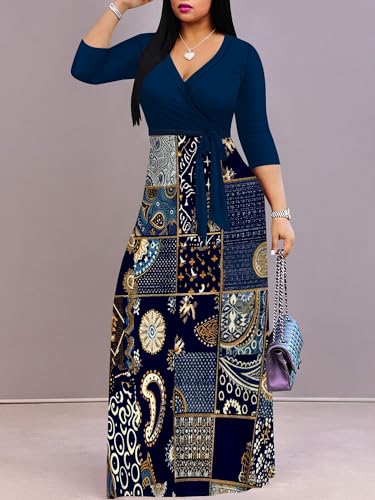 Image of PinkPatty Plus Size Maxi Dress for Women Casual V Neck 3 /4 Sleeve Boho Printed Long Dress with Pockets