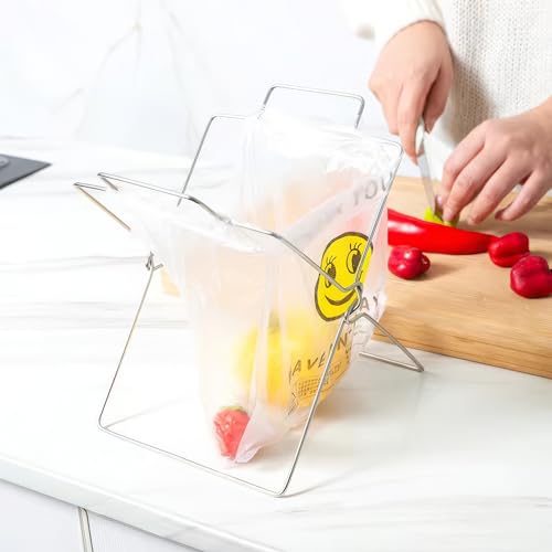 Image of SUPKID Grocery Bag Holder-Stainless Steel Foldable - Ideal for Kitchen Office and Outside -Garbage Support Rack with Towel Hanging Rod -Large, silvery