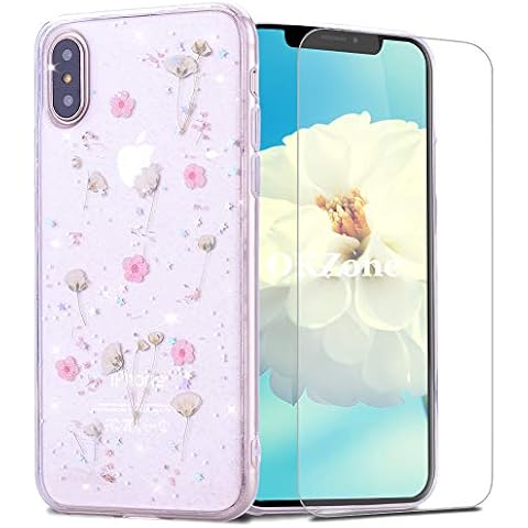 OKZone Kompatible mit iPhone XS/iPhone X (5,8 Zoll) Hülle [mit HD-Schutzfolie], [Getrocknete Blumen] Blume Gepresst Handyhülle Kristall Gel Schale Schutz Echte Blume Bumper Case Cover Hülle (Rosa) Cover