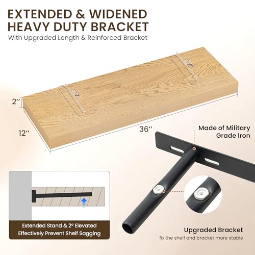 Image of Dreamland 36 inch Floating Shelves for Wall, 12 inch Deep Thicker Oak Floating Shelves, Wall-Mounted Shelves for Bedroom, Living Room, Kitchen, Bathroom - Set of 2