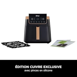 Ninja Air Fryer MAX PRO, 6,2 L, Grand tiroir, rôtir, cuire au four, frire sans huile, familial, antiadhésif, panier/plaque croustillante compatibles lave-vaisselle, pinces, noir/cuivre, AF180EUCP