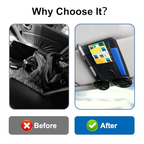 Auto Sonnenblende Kartenhalter, 15.5 × 12.5 cm Leder Sonnenblende Organizer Clip, enthältn 4 Kartenfächer, 1 Stiftschlaufe, 1 Seitentasche und 1 Brillenclip, für die Meisten Autos (Schwarz)