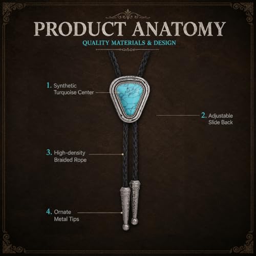 Image of Turquoise Bolo Tie for Men, Leather Braided Necktie Western Cowboy Bola Tie Costume Accessories for Men Women