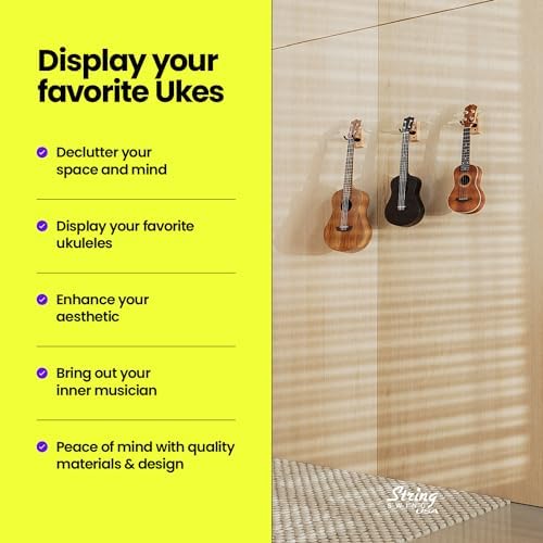 String Swing Ukulele Wall Mount Stand for Mandolin Ukele – Mahalo Kala Pinaple Kamaka Luna Cordoba Concert Compatible – Safety Home or Studio Accessories without Case - Cherry CC01UK-C