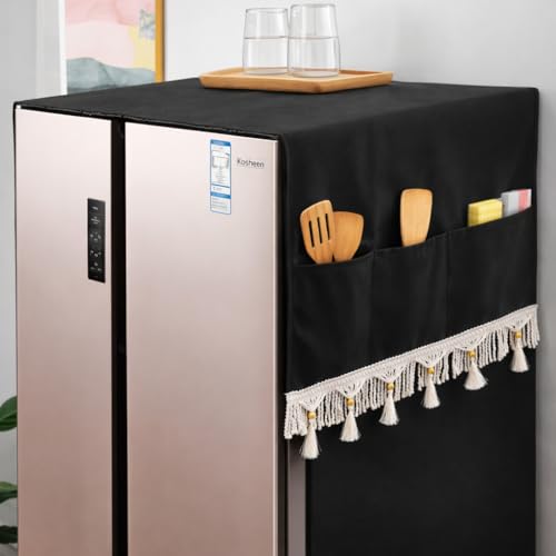 Image of Fridge Cover Top with Tassel Lace for Double Door Refrigerator - Washable, Water-Resistant Polyester Refrigerator Cover Top with 6 Side Pockets for Kitchen Accessories, Dustproof (Black)